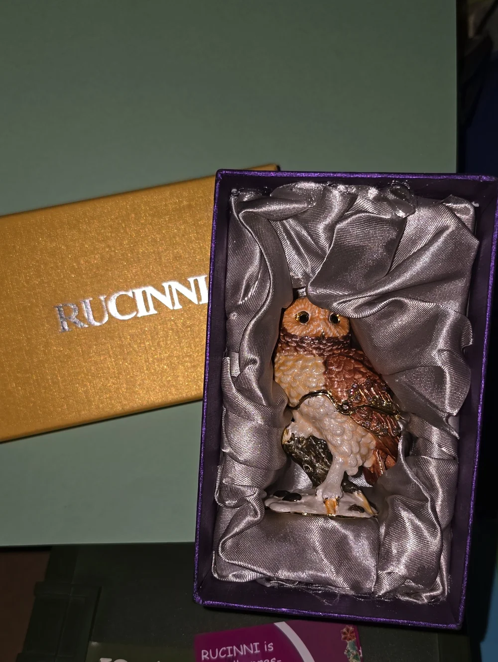 Rucinni Mini Metal and Enamel/ Swarovski Crystal Owl Figurine Trinket Box